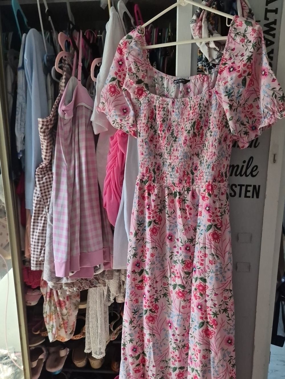 Bloom Chic Pink Floral Smocked Maxi Dress Us Size 10 Nwt